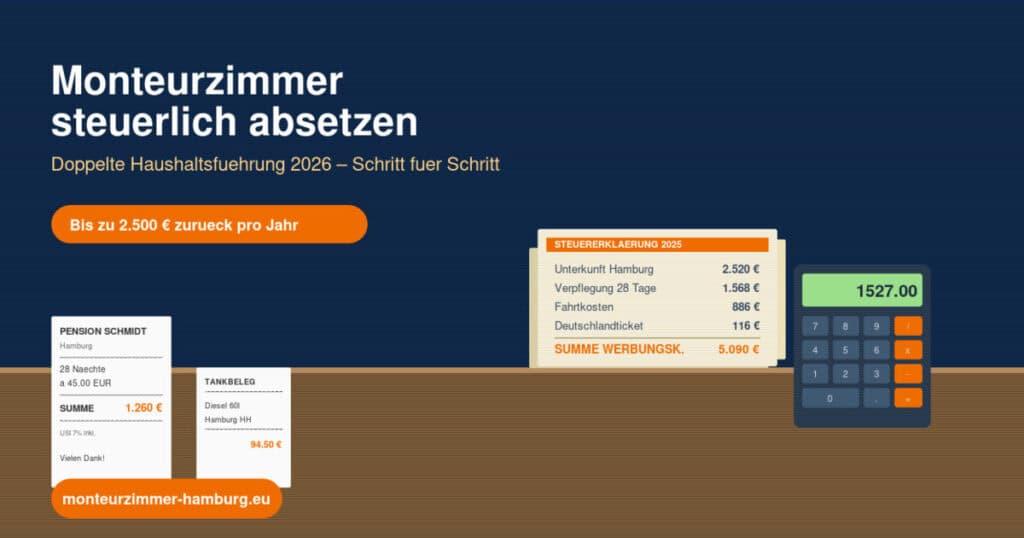 Steuererklärung mit Monteurzimmer-Rechnung, Quittungen und Taschenrechner für die doppelte Haushaltsführung