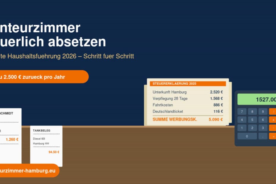 Steuererklärung mit Monteurzimmer-Rechnung, Quittungen und Taschenrechner für die doppelte Haushaltsführung